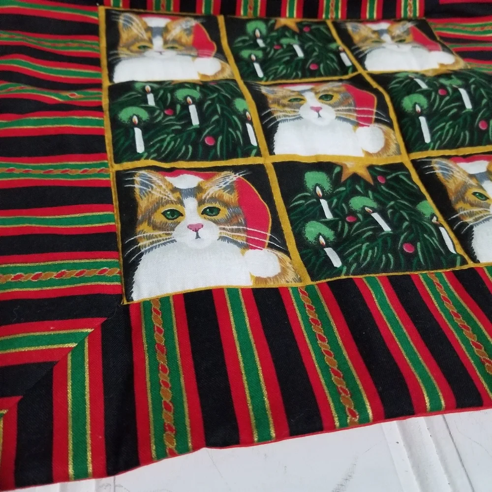 Vintage Cat Patchwork Throw Pillow Cover Set OS Christmas Holiday Red Green Gold